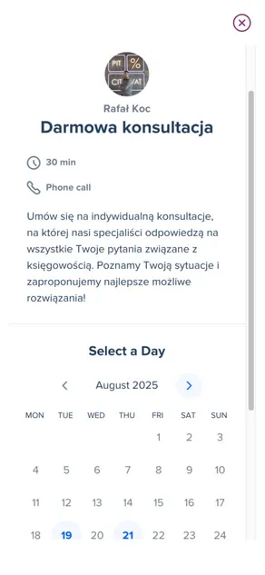 Wygodny popup do umówienia konsultacji przez Calendly.