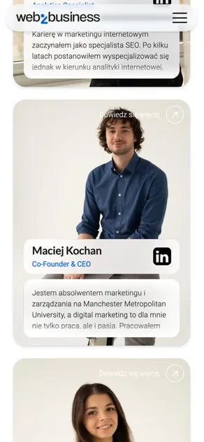 Prezentacja doświadczonego zespołu Web2Business wraz z opisami.